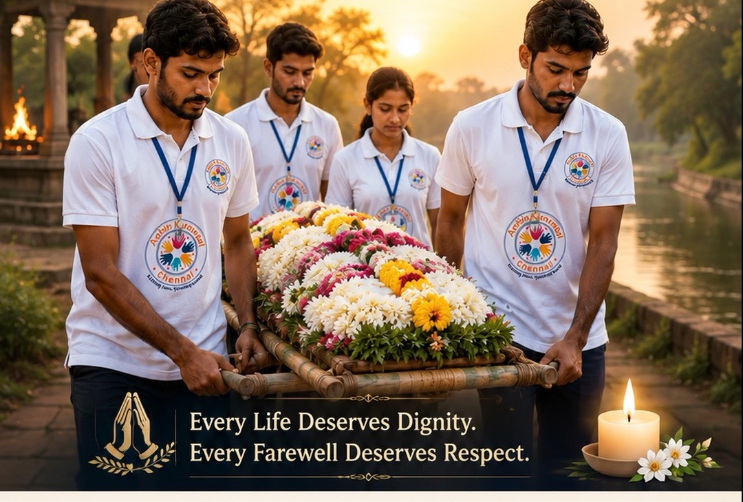 Volunteers carrying a flower-covered bier with dignity
