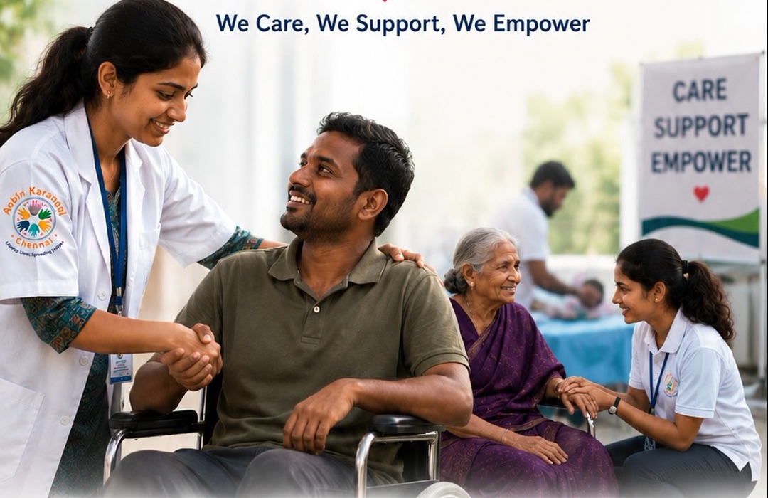 Anbin Karangal volunteers caring for an elder in a wheelchair